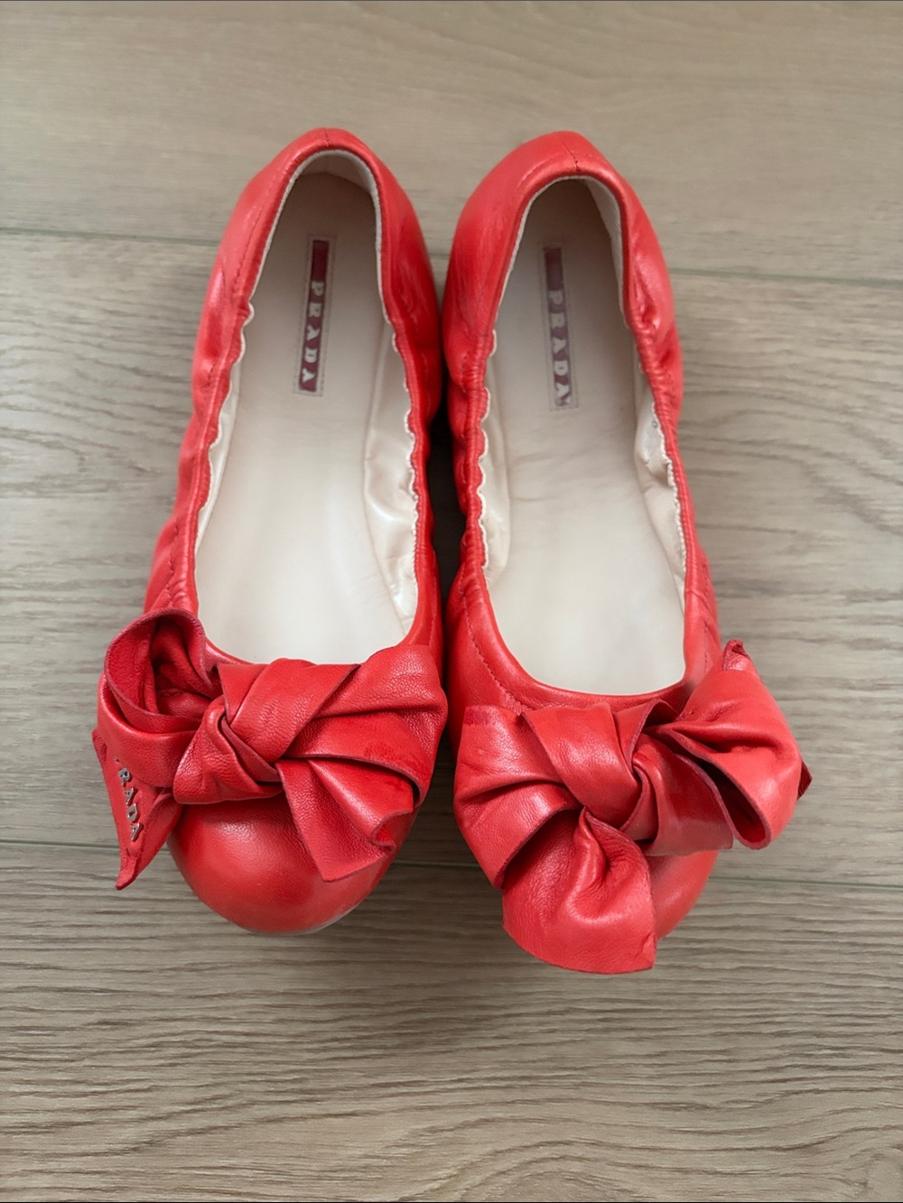 Prada Red Leather Bow Ballet Flats